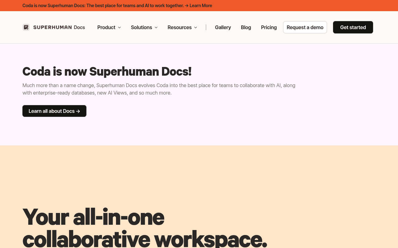 Coda landing page hero section at the time of the audit