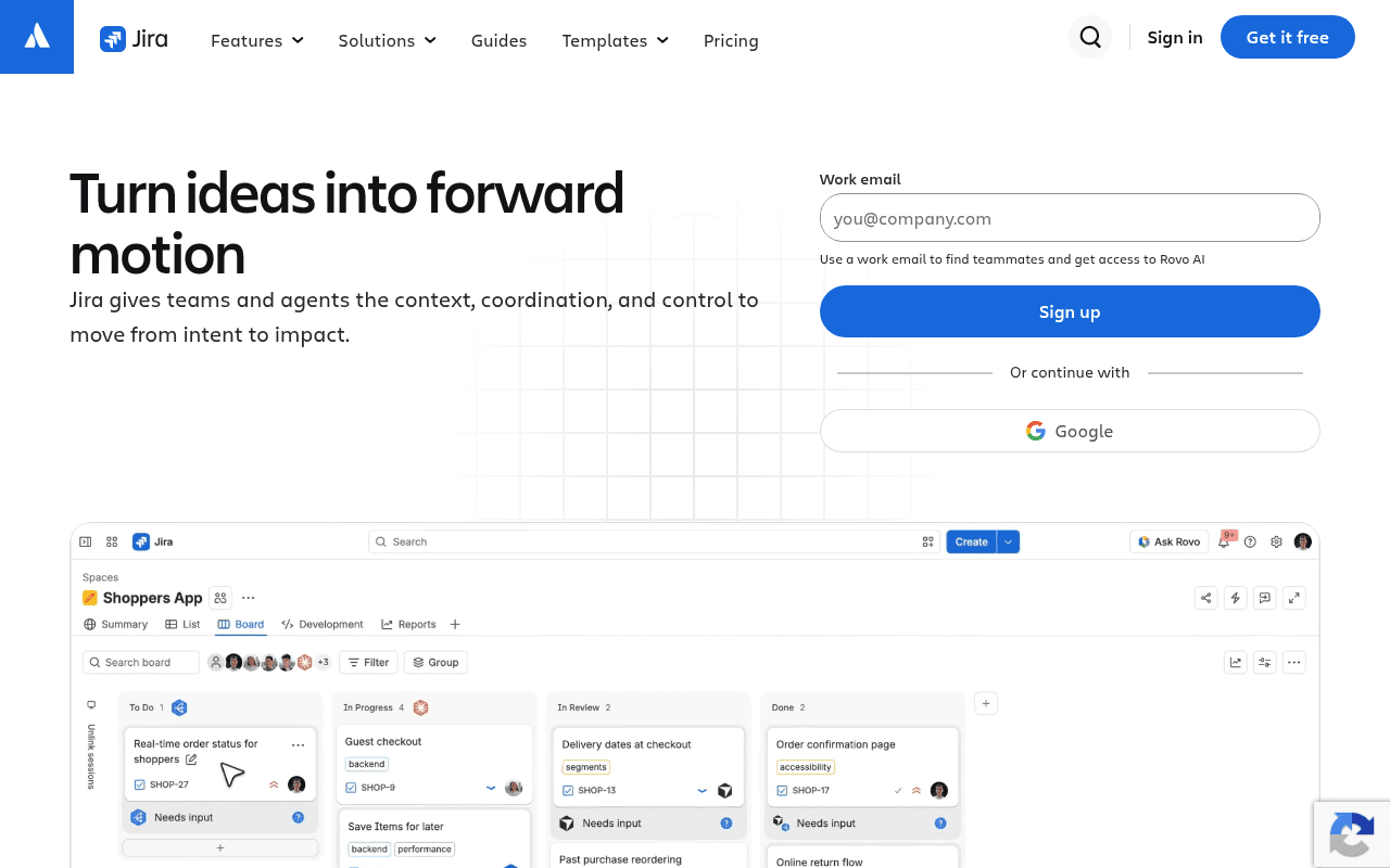 Jira landing page hero section at the time of the audit